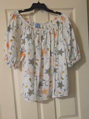 CeCe White Floral Off-the-Shoulder Blouse with Blue and Peach Flowers